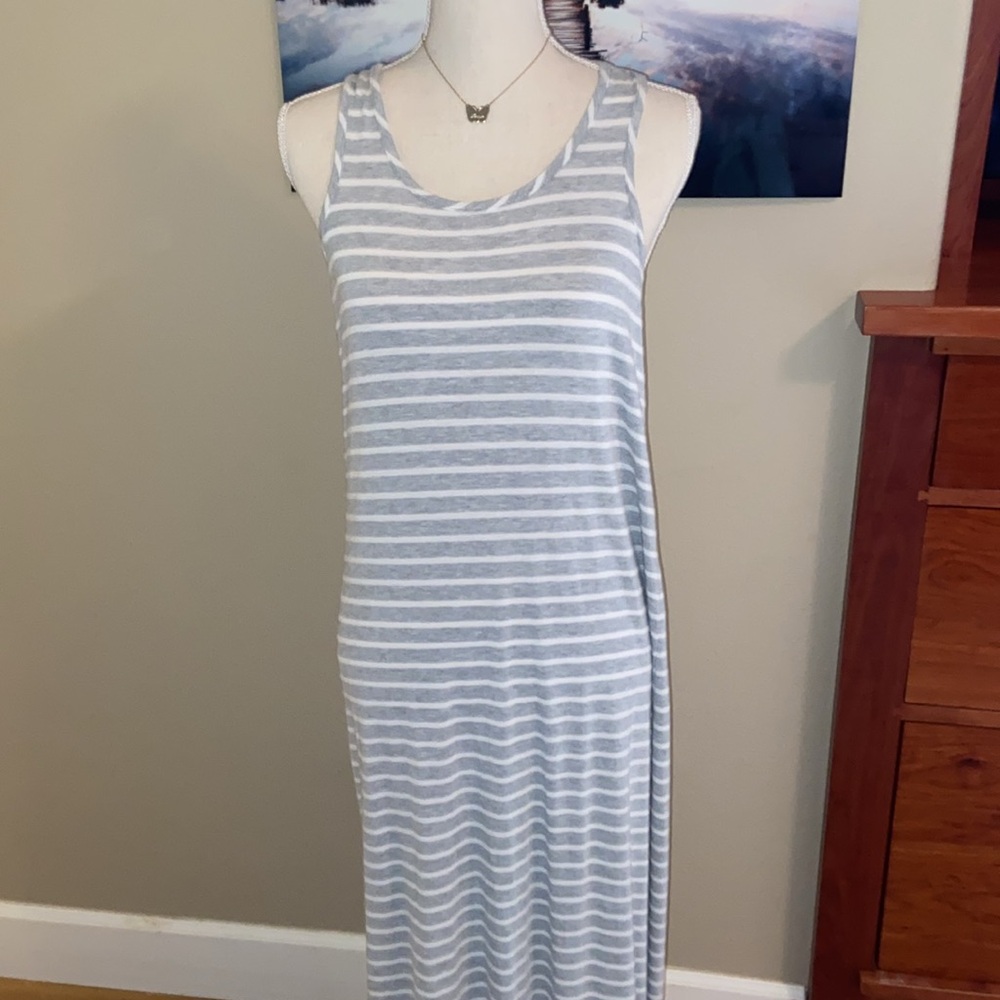 Maxi Dress Beachwear Gray White Stripes Stripe Striped Racerback Vacay